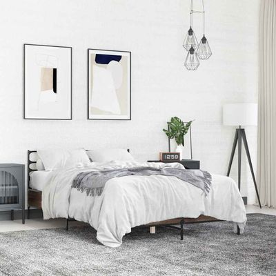 vidaXL Posteľný rám hnedý dub 135x190 cm kompozitné drevo a kov