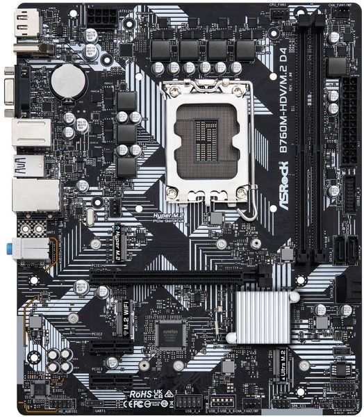ASRock B760M-HDV/M.2 D4 / Intel B760 / LGA1700 / 2x DDR4 / 2x M.2 / VGA / HDMI / DP / USB-C / mATX Základná doska, Intel B760, LGA1700, 2x DDR4 DIMM (max. 64GB), 2x M.2, HDMI, DisplayPort, VGA, USB typ C, mATX