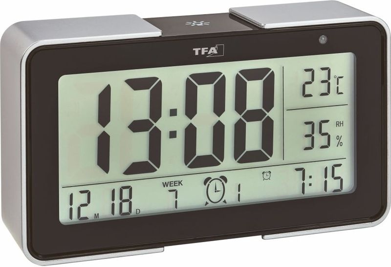 60.2540.01 TFA MELODY Digitálny rádiom riadený budík s rôznymi tónmi budenia, čierno-strieborný