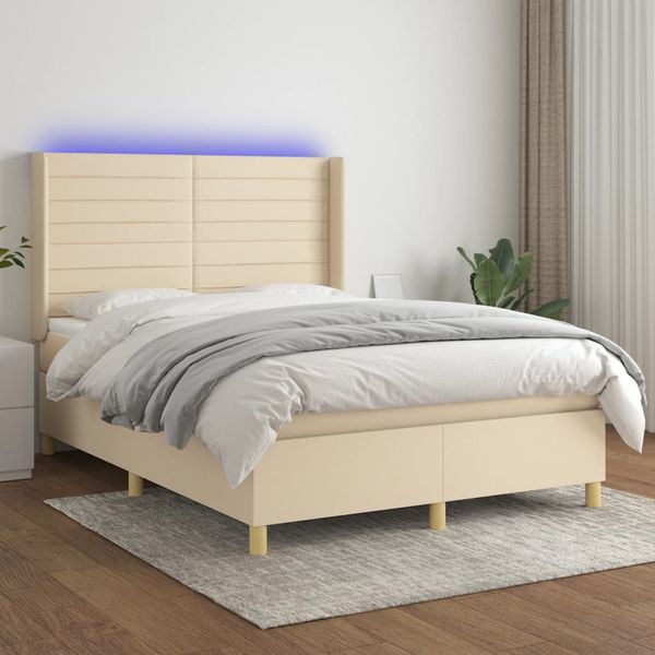 vidaXL Posteľ boxsping s matracom a LED krémová 140x190 cm látka