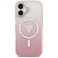 Puzdro Guess Case Magsafe IML Gradient s potlačou trojuholníkového loga a striebornými kovovými tlačidlami fotoaparátu pre iPhone 17 ružové