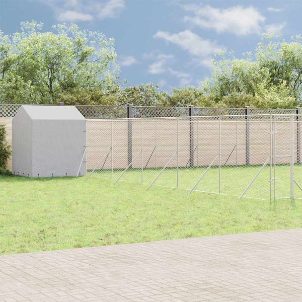 vidaXL Vonkajší koterec pre psov so strechou striebor. 12x12x2,5m oceľ