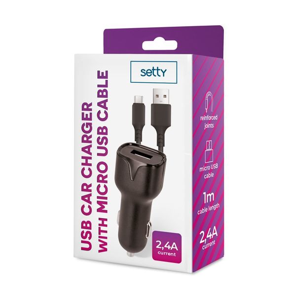 SETTY autonabíjačka 1x USB 2,4A čierna + microUSB kábel 1,0 m (GSM108844)
