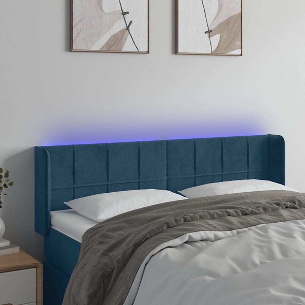 vidaXL Čelo postele s LED tmavomodré 147x16x78/88 cm zamat