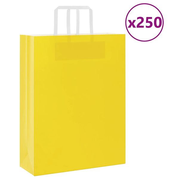 vidaXL Papierové tašky 250 ks s rúčkami, žlté, 32x12x42 cm