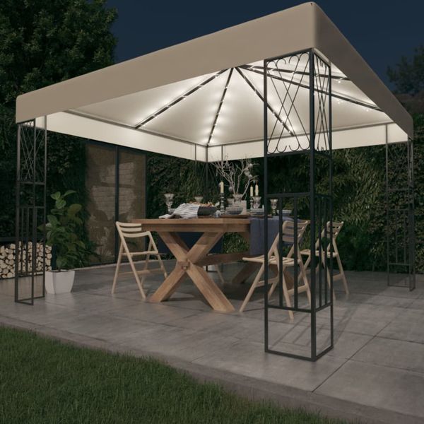 vidaXL Altánok s LED reťazou 3x3 m, krémový, látka