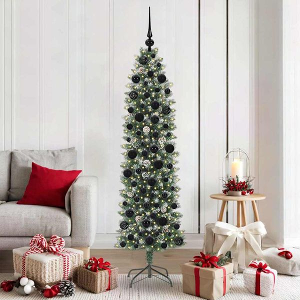 vidaXL Umelý chudý vianočný strom s 300 LED-i Zelená a biela 180 cm