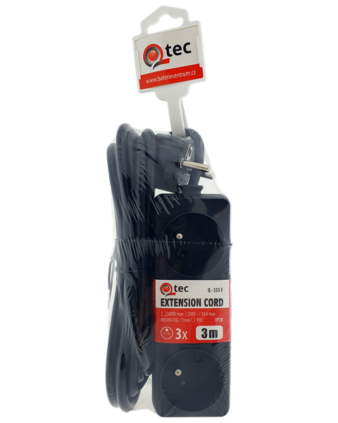 Prodlužovací přívod černý 3 zásuvky, 3m, Q-355F QTEC