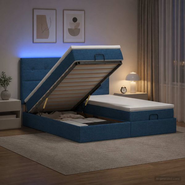 vidaXL Ottoman posteľ s matracom a LED Modrá 200 x 200 cm Látka