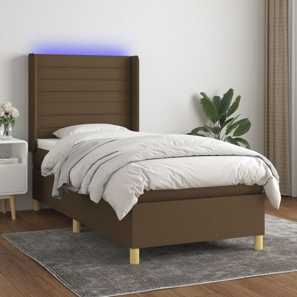 vidaXL Posteľ boxsping s matracom a LED tmavohnedá 90x190 cm látka