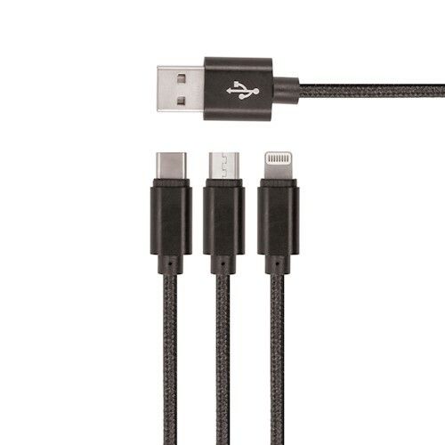 SETTY nylonový USB kábel 3v1 microUSB, Lightning, Type-C 1m (GSM043225) čierna