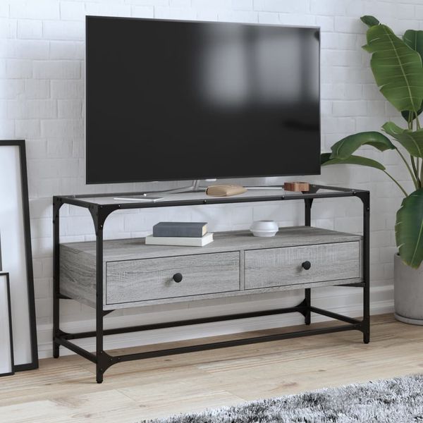 vidaXL TV skrinka sklenená doska sivá sonoma 98x35x51 cm kompoz. drevo