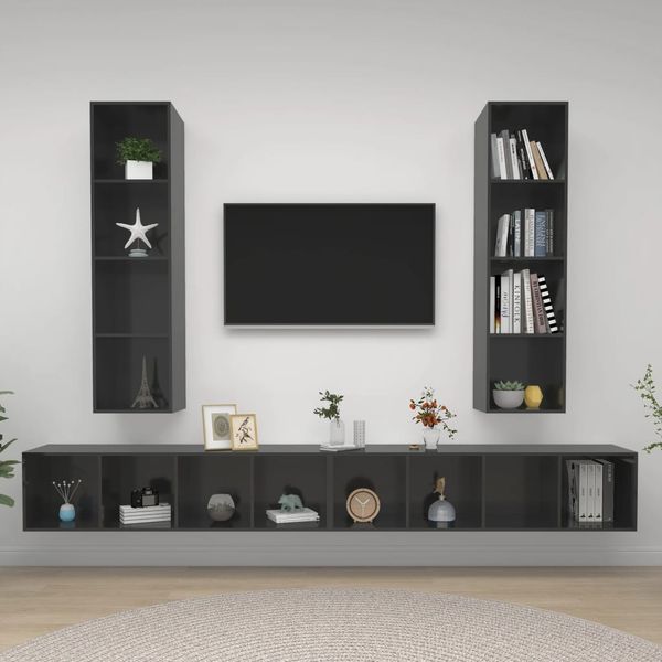 vidaXL Nástenné TV skrinky 4 ks, lesklé sivé, kompozitné drevo