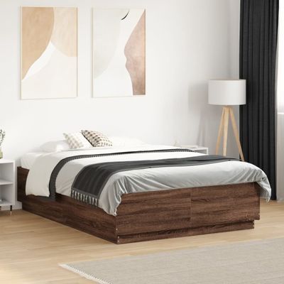 vidaXL Posteľný rám s LED svetlami hnedý dub 140x190 cm kompoz. drevo