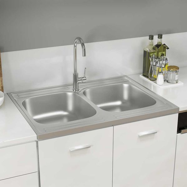 vidaXL Kuchynský drez, 2 vaničky, strieborný 800x600x155 mm, oceľ