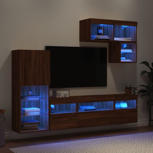 vidaXL 6-dielne TV nástenné skrinky s LED hnedý dub kompozitné drevo