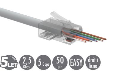 Univerzálny EASY konektor RJ45 CAT6 UTP 8p8c na drôt aj licnu SXRJ45-6-UTP-EASY 100ks