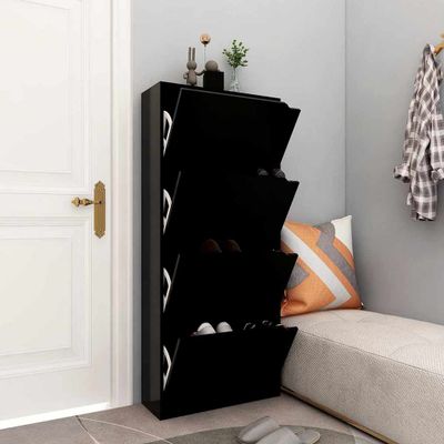 vidaXL Botník so 4 dvierkami čierny 59x24x136 cm drevotrieska