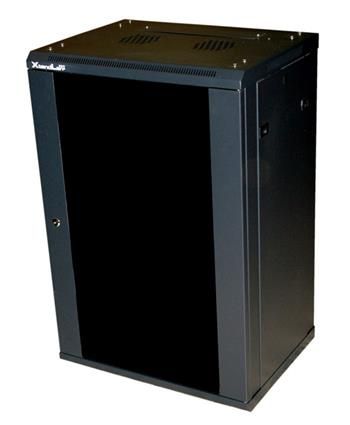 XtendLan 22U/600x600, na zeď, jednodílný, rozložený, skleněné dveře černý Rozvadec, 19", na stenu, jednodílný, 22U, 600 x 600, celosklenené dvere, kourové sklo, rozložený, nosnost 60kg, cerný