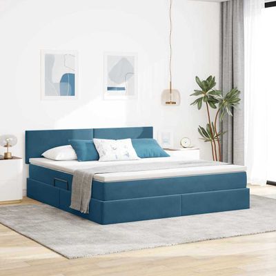 vidaXL Úložná posteľ s čelnou doskou Tmavomodrá 160 x 200 cm Zamat