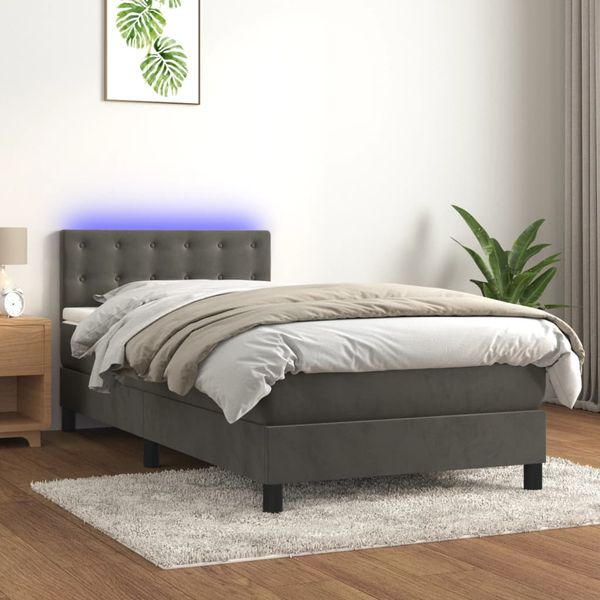 vidaXL Posteľ boxsping s matracom a LED tmavosivá 90x200 cm zamat