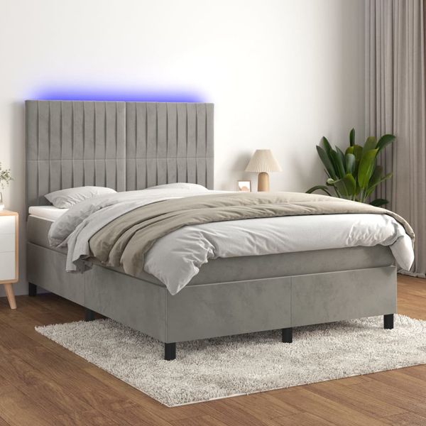 vidaXL Posteľ boxsping s matracom a LED bledosivá 140x200 cm zamat