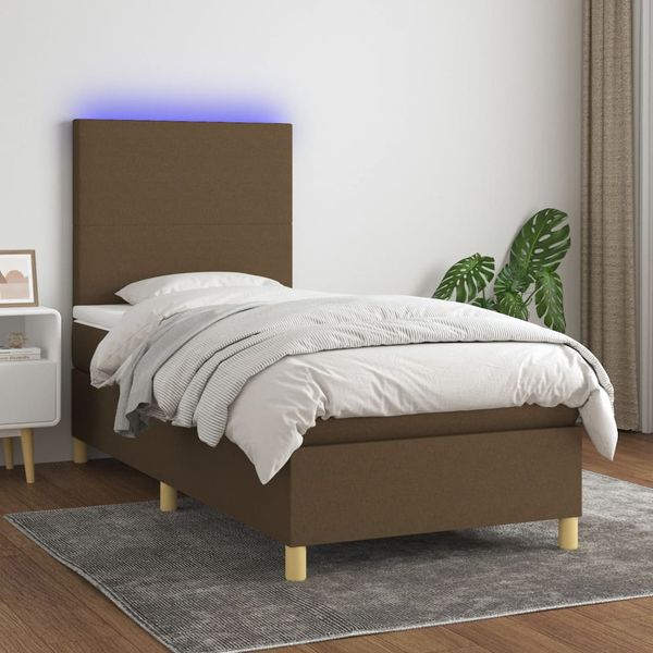 vidaXL Posteľ boxsping s matracom a LED tmavohnedá 90x190 cm látka