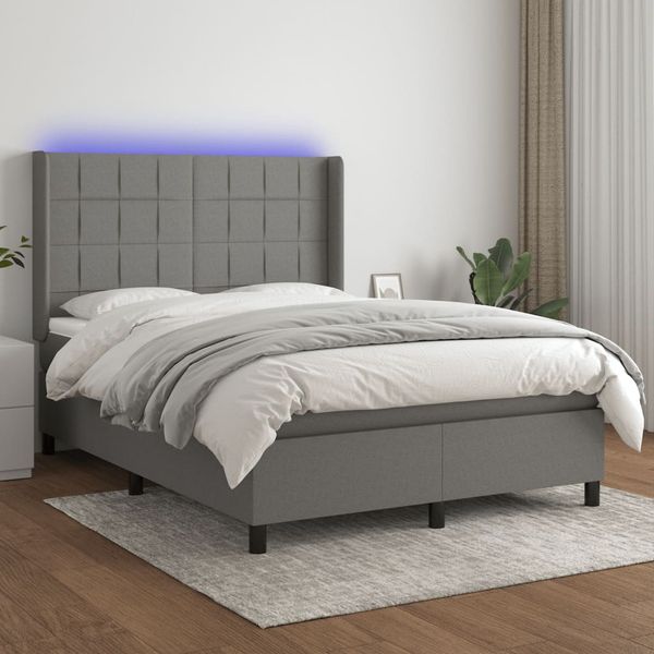 vidaXL Posteľ boxsping s matracom a LED tmavosivá 140x190 cm látka