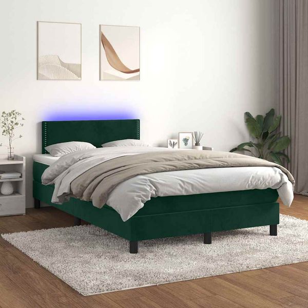 vidaXL Posteľný rám boxsping matrac a LED tmavozelený 120x200 cm zamat