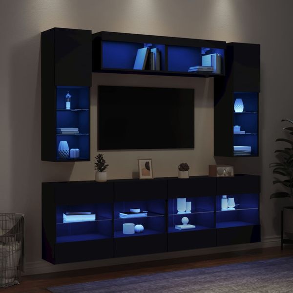 vidaXL 6-dielna súprava TV nástenných skriniek s LED svetlami čierna