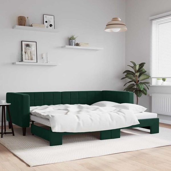 vidaXL Denná posteľ s rozkladacou posteľou tmavozelená 90x200 cm zamat