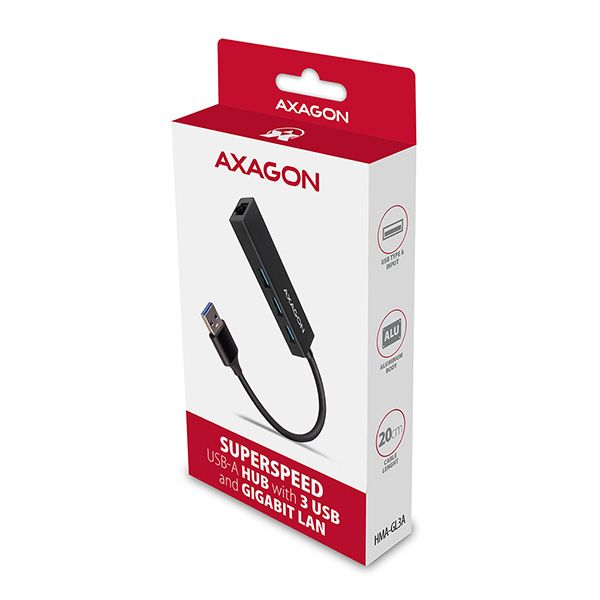 AXAGON HMA-GL3A, USB 3.2 Gen 1 hub, porty 3x USB-A + Gigabit Ethernet, kovový, kabel USB-A 20cm USB Hub, externý, 3x USB 3.0, GLAN, 0,2m, kovové telo, čierny