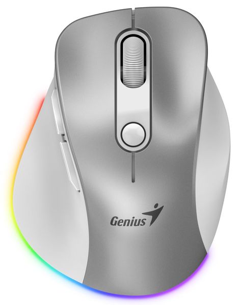 GENIUS Ergo 9000S Pro Silver/ duální Bluetooth + 2,4GHz/ 2400 dpi/ bezdrátová/ 6tlačítková/ dobíjecí/ RGB/ stříbrná Myš, bezdrátová, optická, 2400DPI, 6 tlacítek, Bluetooth, 2,4GHz, USB-C nabíjení, tichá, 7barevné podsvícení, stríbrná