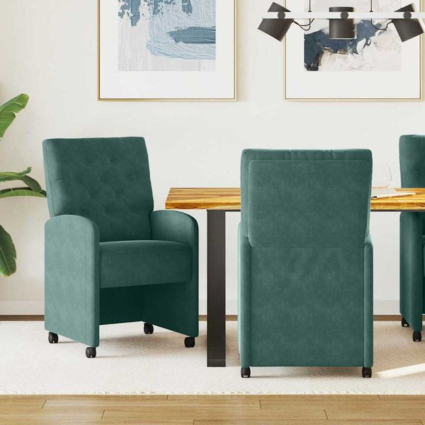 vidaXL Jedálenské stoličky na kolieskach 2 pcs Tmavozelená Zamat