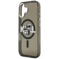 Puzdro Karl Lagerfeld Magsafe IML glitter case kovový rám fotoaparátu a tlačidlá s logom Karl a Choupette sketch pre iPhone 17 čierne