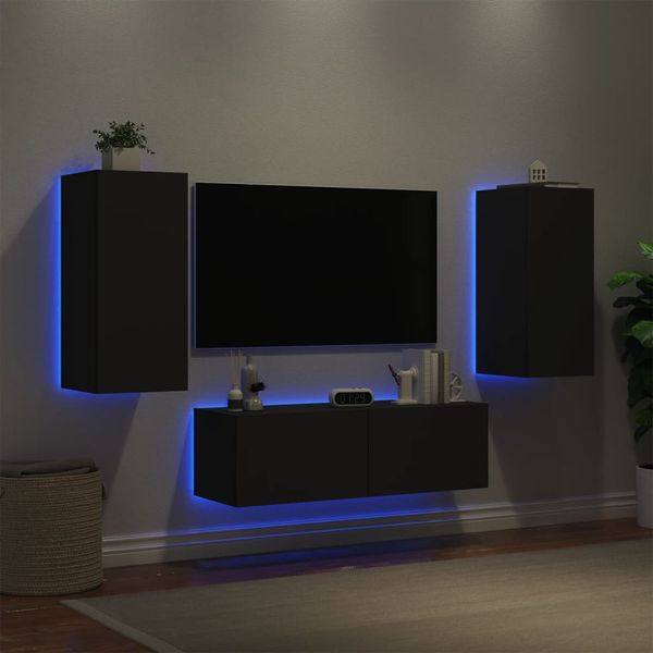 vidaXL 3-dielne TV nástenné skrinky s LED svetlami čierne