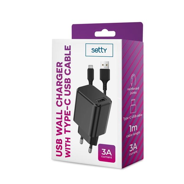 SETTY sieťová nabíjačka 1x USB 3A čierna + USB-C kábel 1,0 m (GSM106087)
