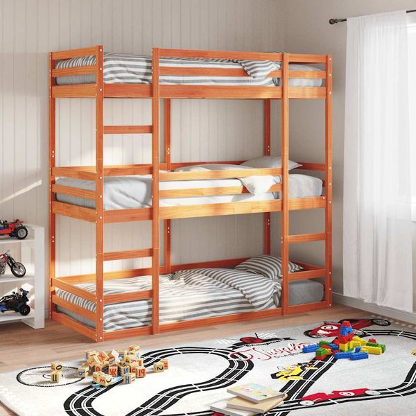 vidaXL Trojitá poschodová posteľ voskovohnedá 75x190 cm borovic. masív