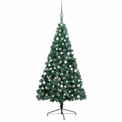 vidaXL Osvetlený umelý polovičný vianočný stromček+gule, zelený 120 cm