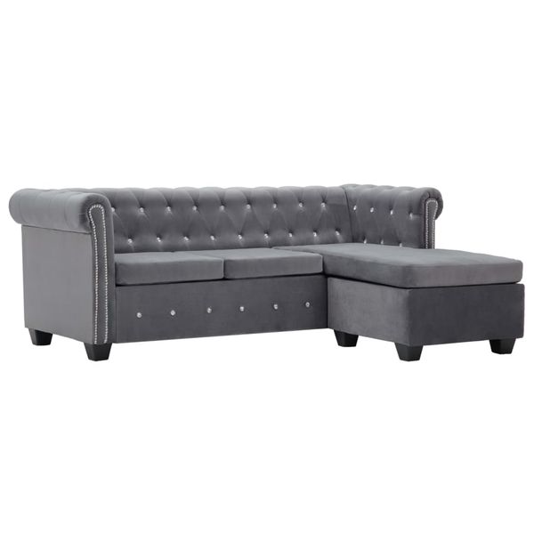 vidaXL Pohovka Chesterfield v tvare L, zamat 199x142x72 cm, sivá