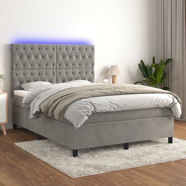 vidaXL Posteľ boxsping s matracom a LED bledosivá 140x190 cm zamat