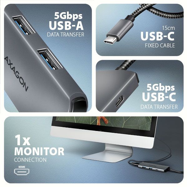 AXAGON HMC-5H8K, USB 5Gbps hub, 2x USB-A, USB-C, HDMI 8k/30Hz, PD 100W, kábel USB-C 15cm Dokovacia stanica, USB-C, kompatibilný s Thunderbolt 4, 1× HDMI, 2× USB 3.0, 1× USB-C, 1× USB-C (PD 100W)