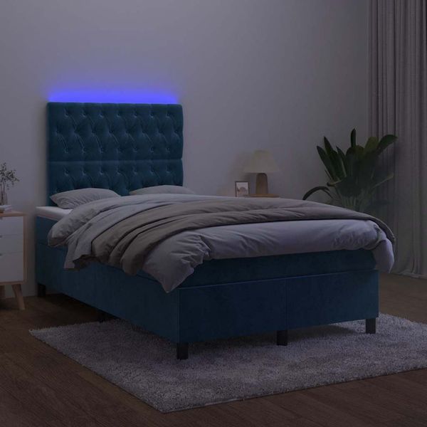vidaXL Boxspring posteľ s matracom a LED, tmavomodrá 120x190 cm, zamat