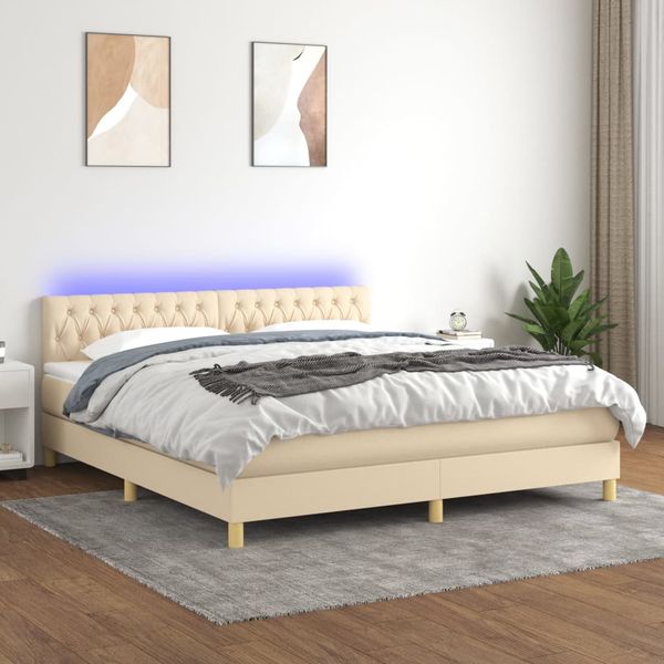 vidaXL Posteľ boxsping s matracom a LED krémová 160x200 cm látka
