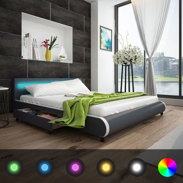 vidaXL Posteľ+matrac, pamäťová pena, LED, sivá, umelá koža 180x200 cm