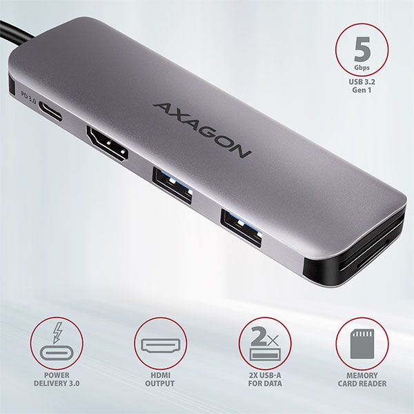 AXAGON HMC-5, USB 3.2 Gen 1 hub, porty 2x USB-A, HDMI, SD/microSD slot, PD 100W, kabel USB-C 20cm Dokovacia stanica, USB typ C, kompatibilný s Thunderbolt 3, 1x HDMI, 2x USB 3.0, 1x USB typ C, SD, microSD, Power Delivery 100W