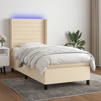 vidaXL Posteľ boxsping s matracom a LED krémová 100x200 cm látka
