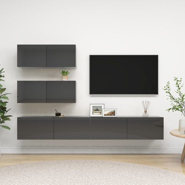 vidaXL 4-dielna súprava TV skriniek lesklá sivá drevotrieska