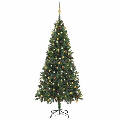 vidaXL Osvetlený umelý vianočný stromček s guľami, zelený 210 cm