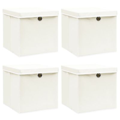 vidaXL Úložné boxy s vekom 4 ks, biele 32x32x32 cm, látka